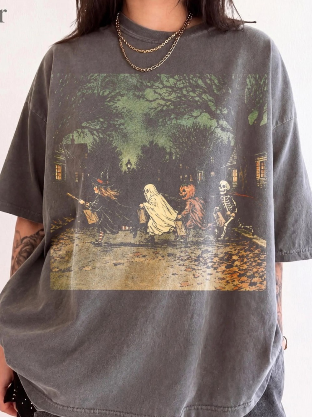 Vintage-Style Charcoal Halloween Graphic T-Shirt